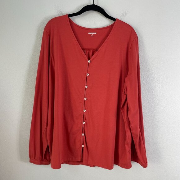 Lands End Womens Plus 2X Button Up Long Sleeve Blouse V Neck Shirt Red Orange - Picture 1 of 6
